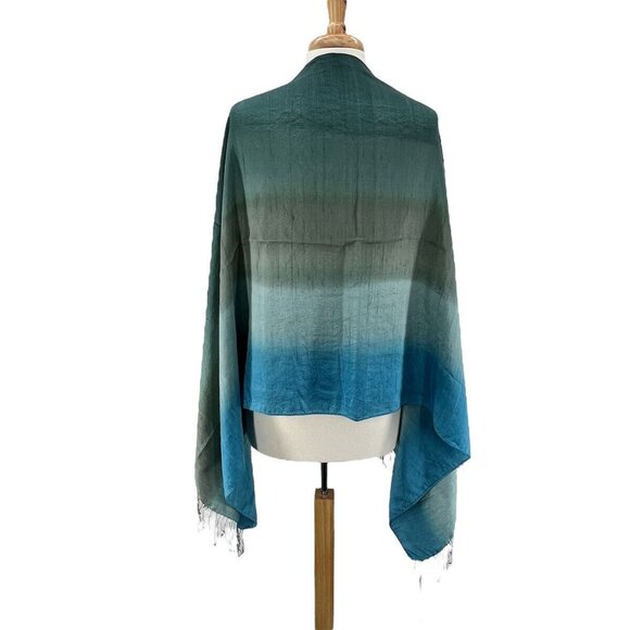 Womens Silk Scarf Ombre Soft Blue to Greens Wrap  88” Long Fringed - Picture 4 of 10